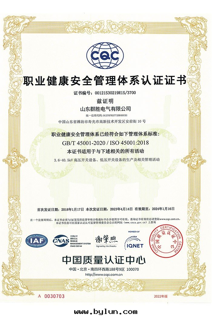 職業健康安(ān) 全(quán)管(guǎn)理体系(xì)認證證書(shū)